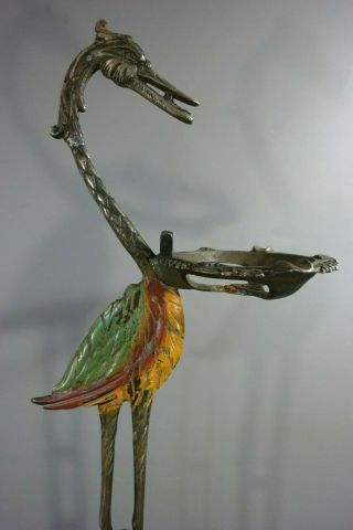 Antique ART DECO POLY - CHROME Painted CRANE Egret BIRD Cast Iron SMOKING STAND 10