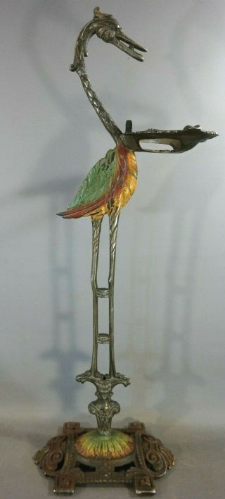 Antique Art Deco Poly - Chrome Painted Crane Egret Bird Cast Iron Smoking Stand