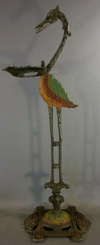 Antique ART DECO POLY - CHROME Painted CRANE Egret BIRD Cast Iron SMOKING STAND 2