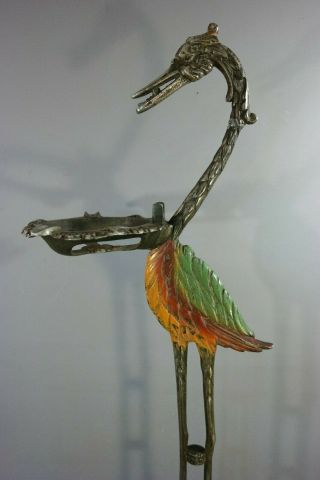 Antique ART DECO POLY - CHROME Painted CRANE Egret BIRD Cast Iron SMOKING STAND 3