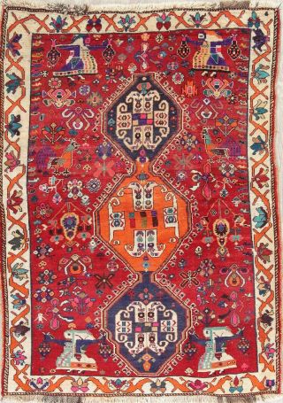 Vintage One - of - a - Kind Animal Pictorial Kashkoli Persian Tribal RED Wool Rug 5x7 2