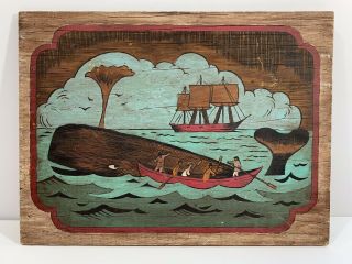 Vintage American Folk Art Painting Of A Whaling Scene Sperm Whale