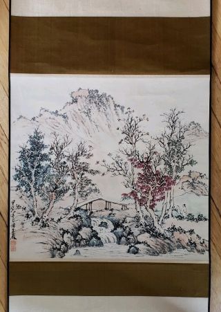 Vintage Chinese Watercolor Landscape Scroll Painting With Calligraphy