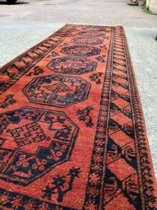 Vintage Mid 20th Century Afghan Runner Rug Carpet Burnt Orange & Blue