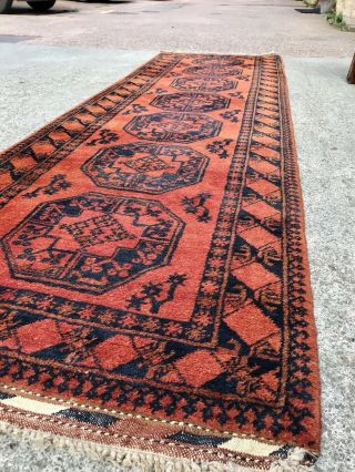 Vintage Mid 20th Century Afghan Runner Rug Carpet Burnt Orange & Blue 2