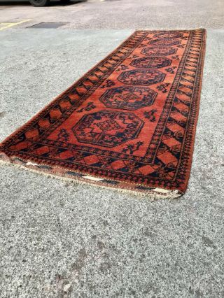 Vintage Mid 20th Century Afghan Runner Rug Carpet Burnt Orange & Blue 3