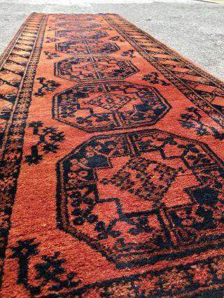 Vintage Mid 20th Century Afghan Runner Rug Carpet Burnt Orange & Blue 5