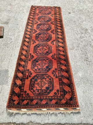 Vintage Mid 20th Century Afghan Runner Rug Carpet Burnt Orange & Blue 6