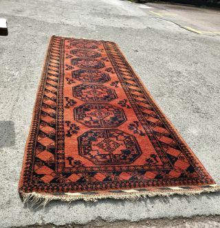 Vintage Mid 20th Century Afghan Runner Rug Carpet Burnt Orange & Blue 7