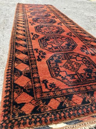 Vintage Mid 20th Century Afghan Runner Rug Carpet Burnt Orange & Blue 8