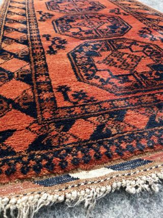Vintage Mid 20th Century Afghan Runner Rug Carpet Burnt Orange & Blue 9