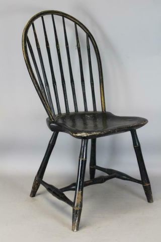 A Rare 18th C Bowback Windsor Chair Charleston,  Ma Old Black Over Ivory