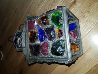 Antique arts & crafts vintage SIGNED Peter Marsh porch light lantern Iron Glass 5