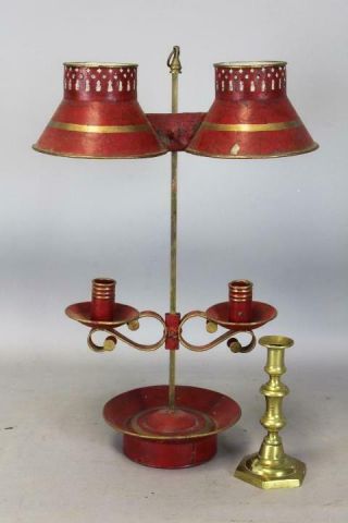 FANTASTIC EARLY 19TH C TIN TOLE RED PAINTED DOUBLE BOUILLOTE CANDLE HOLDER 2