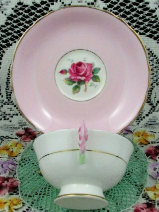 PARAGON CANDY PINK ROSE HANDLE WIDE MOUTH TEA CUP AND SAUCER 4