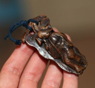 Antique Chinese Carved Burr Walnut Medicine Lady Pendant,  18th 19th Century Rare