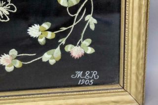 AN EXTREMELY FINE DATED 1905 PA NEEDLEWORK THEOREM WITH FLOWERS & BUTTERFLY 2