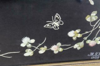 AN EXTREMELY FINE DATED 1905 PA NEEDLEWORK THEOREM WITH FLOWERS & BUTTERFLY 6