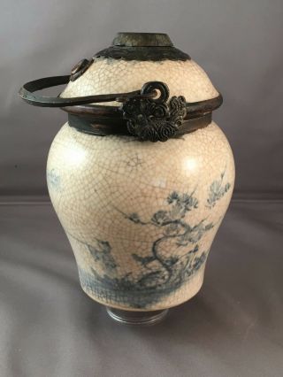 Antique 19th Century Chinese Blue White Ceramic Brass Mounted Opium Pot