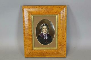 Great Miniature 19th C Oil On Porcelain Portrait Of A Woman In A Purple Dress