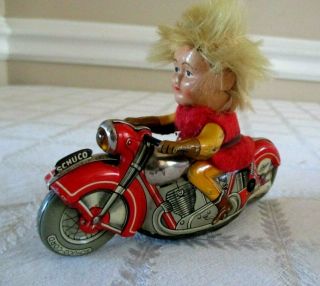 Vintage Schuco 1013 - Mirako Peter On Motorcycle - Wind - Up Org Tin Toy - 5 " - Germany