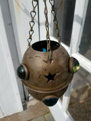 Antique Primitive Punched Tin Hanging Lantern With Colored Glass