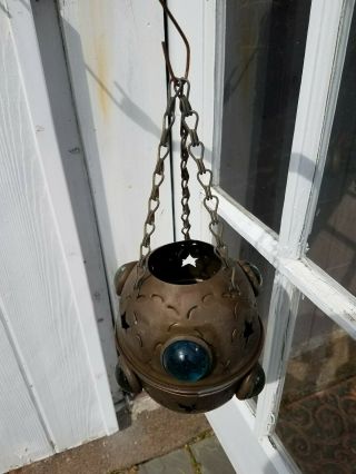 ANTIQUE PRIMITIVE PUNCHED TIN HANGING LANTERN WITH COLORED GLASS 2