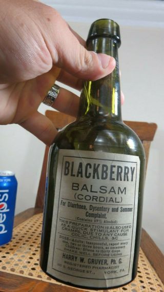 Extremely Rare Paper Label Dark Green Blackberry Balsam Harry W Gruver York Pa