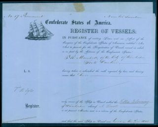 Csa 1862 Charleston Sc Confederate States Register Vessel Ship Document 93024