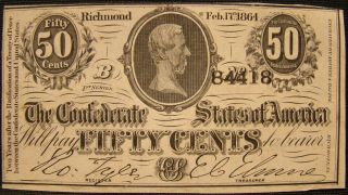 1864 Confederate.  50 Cent Note From J.  E.  B.  Stuart Family Va.  Estate.  Civil War.