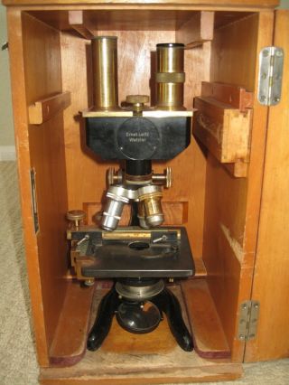 Antique Ernst Leitz Wetzlar Microscope No 243486 1925 Binocular With Case Good