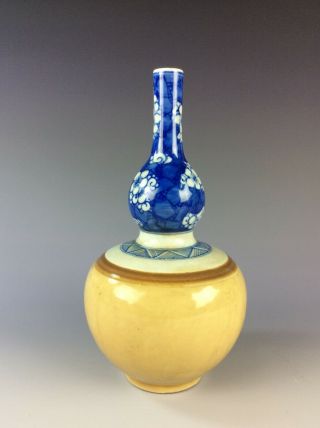Chinese Yellow Glaze Double Gourd Bottle Vase,  Painted With B/w Floral Pattern,