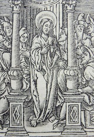 1541 REGNAULT BIBLE - Fine rubricated woodcut leaf - Luke 4: Jesus Heals Many 3