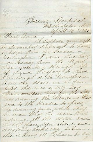 62473.  Civil War Letter From Soldier In Dc Hospital Written The Day Lincoln Died