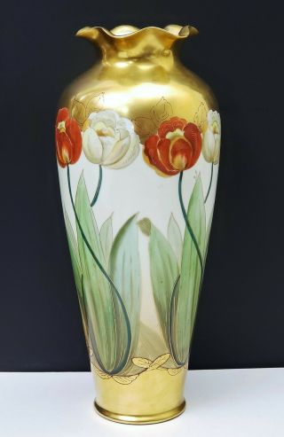 Huge Antique Pickard China Vase Hand Painted Flowers / Tulips Signed F Walter 5