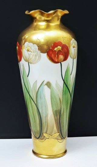 Huge Antique Pickard China Vase Hand Painted Flowers / Tulips Signed F Walter 6