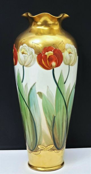 Huge Antique Pickard China Vase Hand Painted Flowers / Tulips Signed F Walter 7