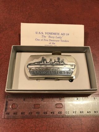 Vintage U.  S.  S.  Yosemite Ad 19 Pewter Top Belt Buckle With Guide