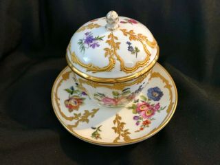 Antique Kpm Hand Painted Porcelain Set Covered Bowl & Saucer Magnificant Gilding