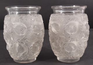 Pair Antique Authentic Lalique French Heavy Crystal Glass Love Birds Vases Nr
