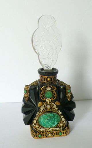 Art Deco Czech Czechoslovakia Ormolu Jeweled Crystal Glass Perfume Bottle