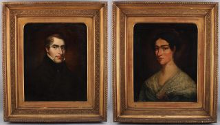 Pr 19thc Antique French Empire Portrait Oil Paintings Husband & Wife Gilt Frames