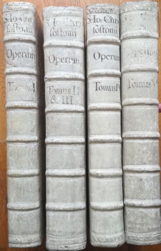 Johannes Chrysostomos Opera 4 Huge Volumes Blindstamped Leather Binding - 1687