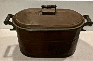 Vintage Large Copper Boiler Wash Tub Basin With Lid And Black Wood Handles