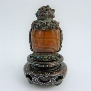 19th Century Tibetan Agate Snuff Bottle Mounted With White Metal With Stones