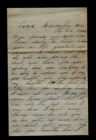 11th Indiana Infantry Civil War Letter From Camp Macauley Near Paducah,  Ky