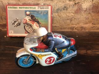 Vintage Tin Litho Friction 27 Champion Motorcycle Asahi (atc) Japan Toy Box