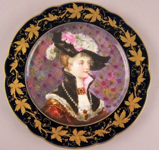 Antique Sevres French Woman Hand Painted Portrait Cabinet Plate Cobalt Border