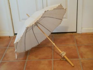 Antique Victorian Ladies Parasol Umbrella With Wood Handle & Fabric Trim