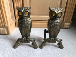 Antique Cast Iron Owl Andirons W/ Glass Amber Eyes